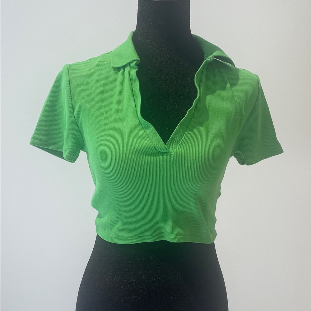 Zara Green Ribbed Polo Crop Top